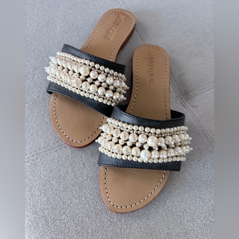 Mystique Boutique Black Slide Sandals with Pearl Embellishments